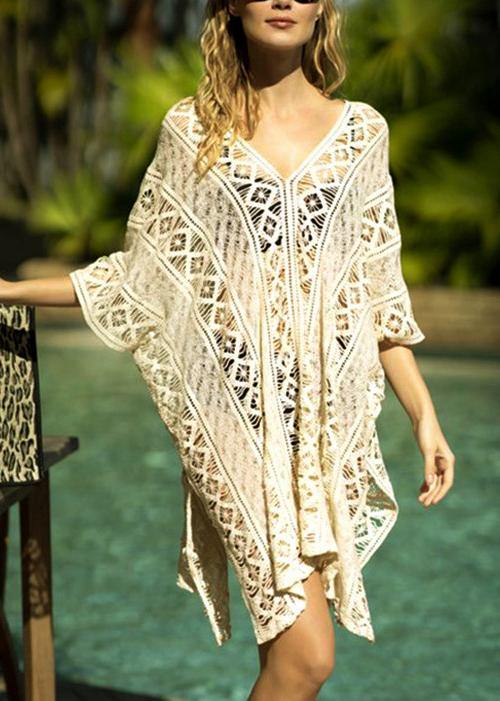 Bohemian White Hollow Out side open Beach Gown Mid Summer Cotton Dress - SooLinen