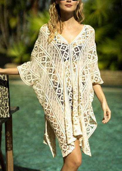 Bohemian White Hollow Out side open Beach Gown Mid Summer Cotton Dress - SooLinen