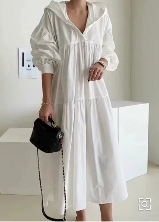 Bohemian White Hooded Oversized Cotton Maxi Dresses Lantern Sleeve