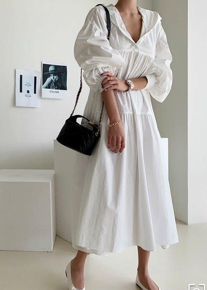 Bohemian White Hooded Oversized Cotton Maxi Dresses Lantern Sleeve