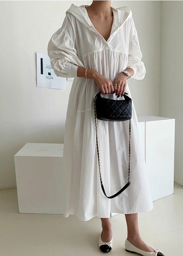Bohemian White Hooded Oversized Cotton Maxi Dresses Lantern Sleeve