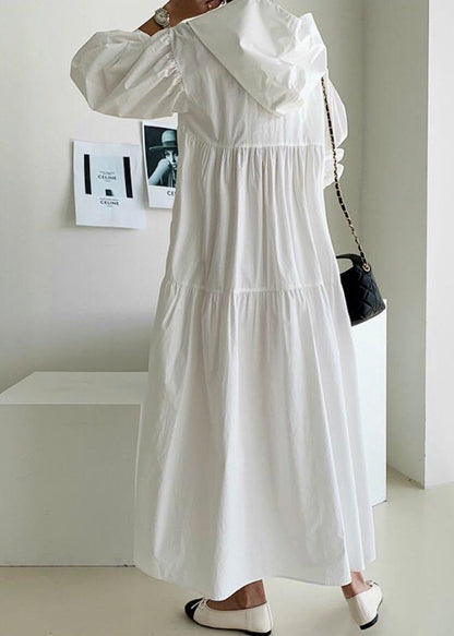 Bohemian White Hooded Oversized Cotton Maxi Dresses Lantern Sleeve