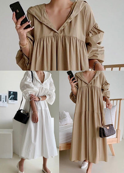 Bohemian White Hooded Oversized Cotton Maxi Dresses Lantern Sleeve