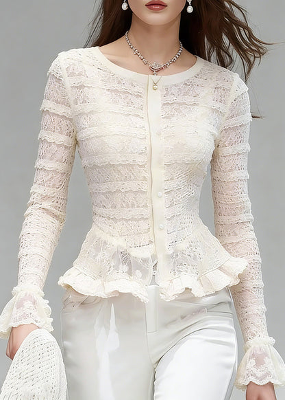 Bohemian White O-Neck Ruffled Patchwork Lace Tops Flare Sleeve