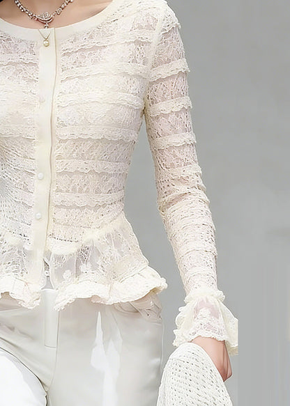 Bohemian White O-Neck Ruffled Patchwork Lace Tops Flare Sleeve
