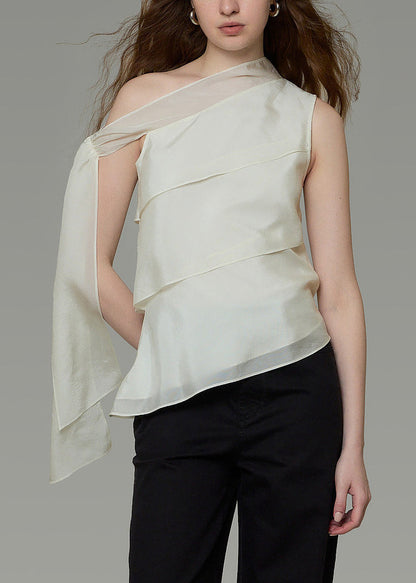 Bohemian White One Shoulder Patchwork Chiffon Top Sleeveless