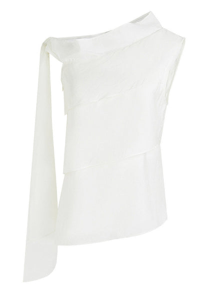 Bohemian White One Shoulder Patchwork Chiffon Top Sleeveless