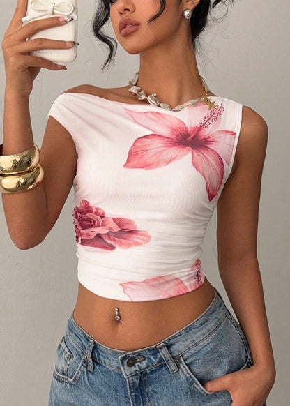 Bohemian White One Shoulder Print Beach Vest Summer
