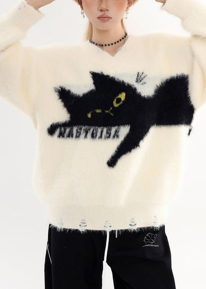 Bohemian White Oversized Cute Cat Cozy Hole Sweater Tops Winter