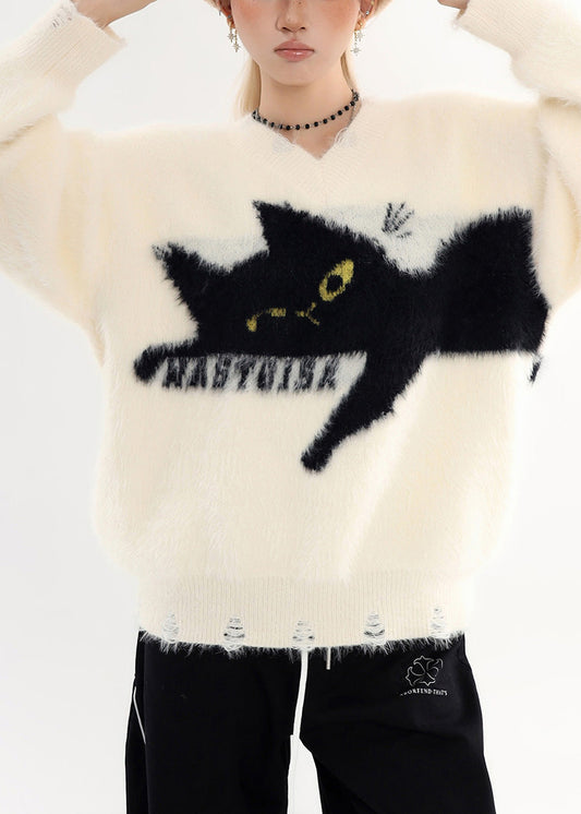 Bohemian White Oversized Cute Cat Cozy Hole Sweater Tops Winter