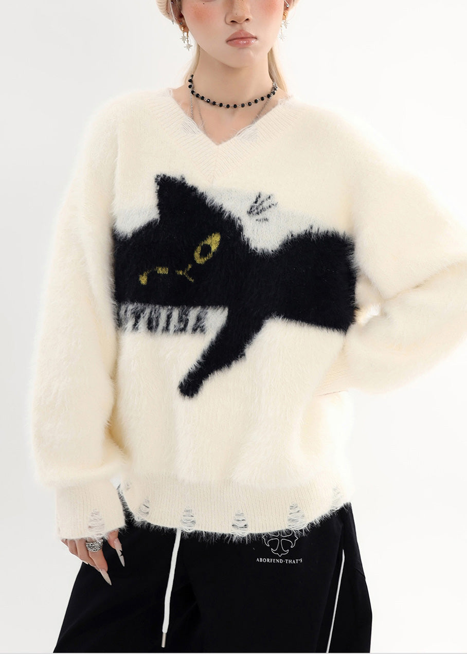 Bohemian White Oversized Cute Cat Cozy Hole Sweater Tops Winter
