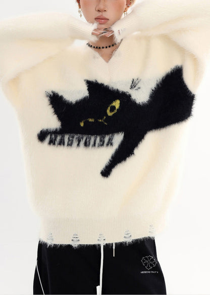 Bohemian White Oversized Cute Cat Cozy Hole Sweater Tops Winter