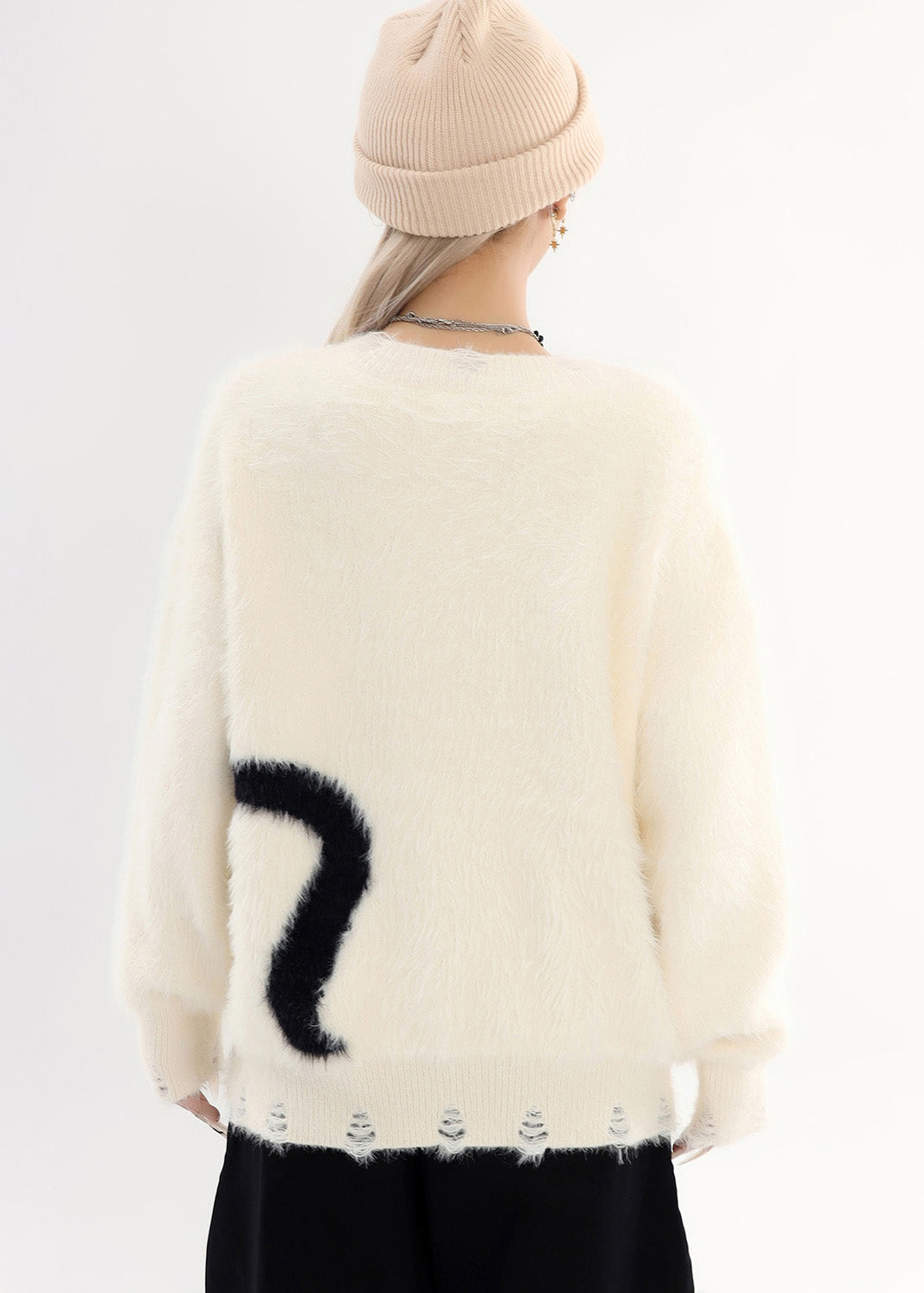 Bohemian White Oversized Cute Cat Cozy Hole Sweater Tops Winter