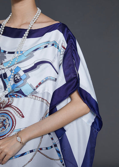 Bohemian White Oversized Print Silk Maxi Dress Summer