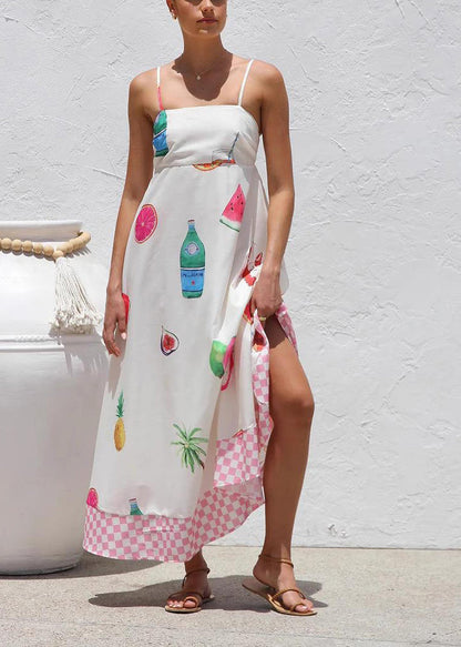 Bohemian White Patchwork Maxi Spaghetti Strap Dresses Summer