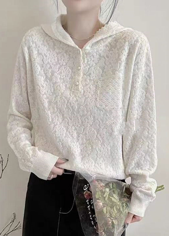 Bohemian White Pearl Pockets Hooded Cotton Knit Sweaters Lantern Sleeve