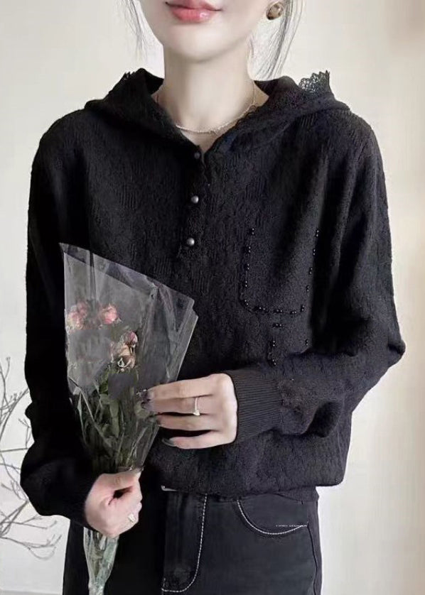 Bohemian White Pearl Pockets Hooded Cotton Knit Sweaters Lantern Sleeve