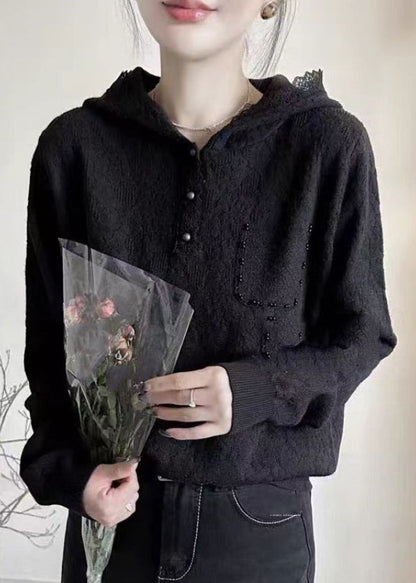 Bohemian White Pearl Pockets Hooded Cotton Knit Sweaters Lantern Sleeve