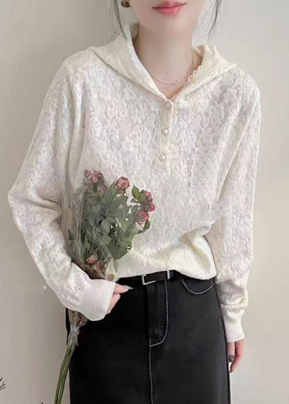 Bohemian White Pearl Pockets Hooded Cotton Knit Sweaters Lantern Sleeve