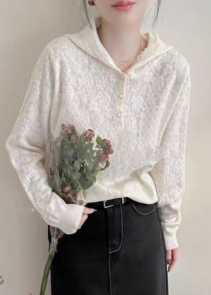 Bohemian White Pearl Pockets Hooded Cotton Knit Sweaters Lantern Sleeve