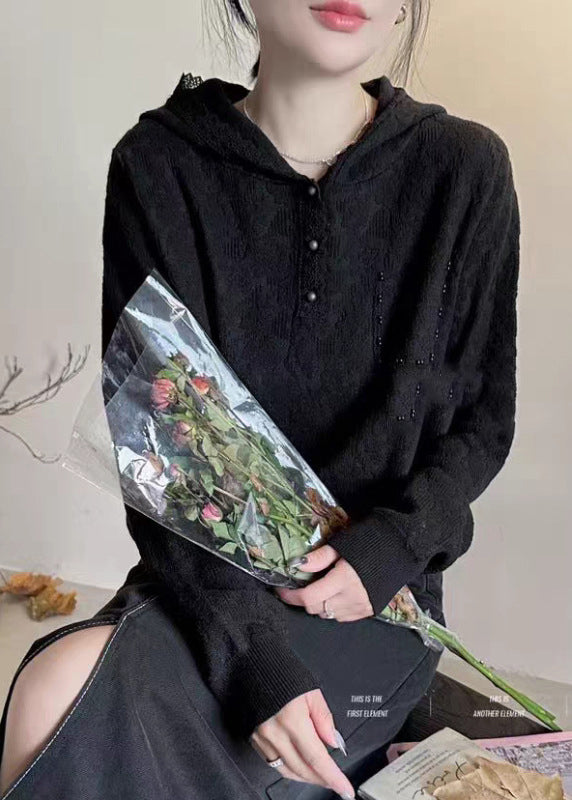 Bohemian White Pearl Pockets Hooded Cotton Knit Sweaters Lantern Sleeve