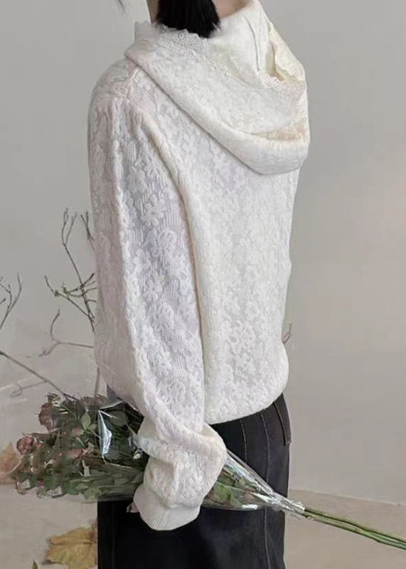 Bohemian White Pearl Pockets Hooded Cotton Knit Sweaters Lantern Sleeve