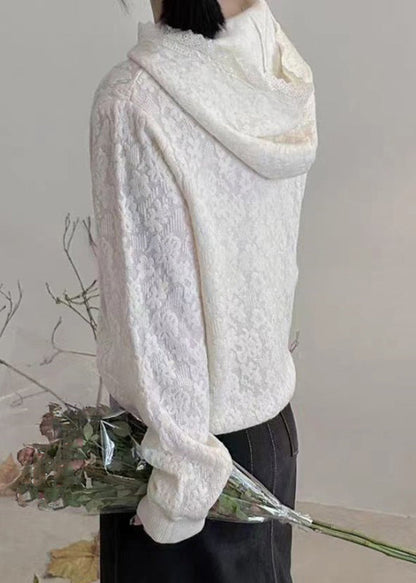 Bohemian White Pearl Pockets Hooded Cotton Knit Sweaters Lantern Sleeve