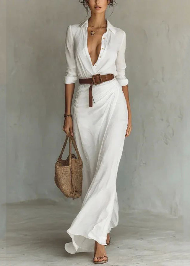 Bohemian White Peter Pan Collar Wrinkled Button Maxi Dresses Long Sleeve