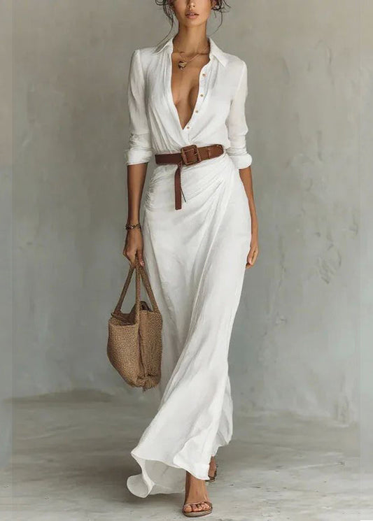 Bohemian White Peter Pan Collar Wrinkled Button Maxi Dresses Long Sleeve