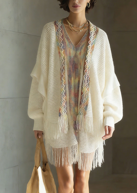 Bohemian White Print Patchwork Tassel Knit Cardigan Spring