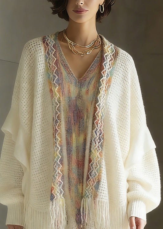 Bohemian White Print Patchwork Tassel Knit Cardigan Spring