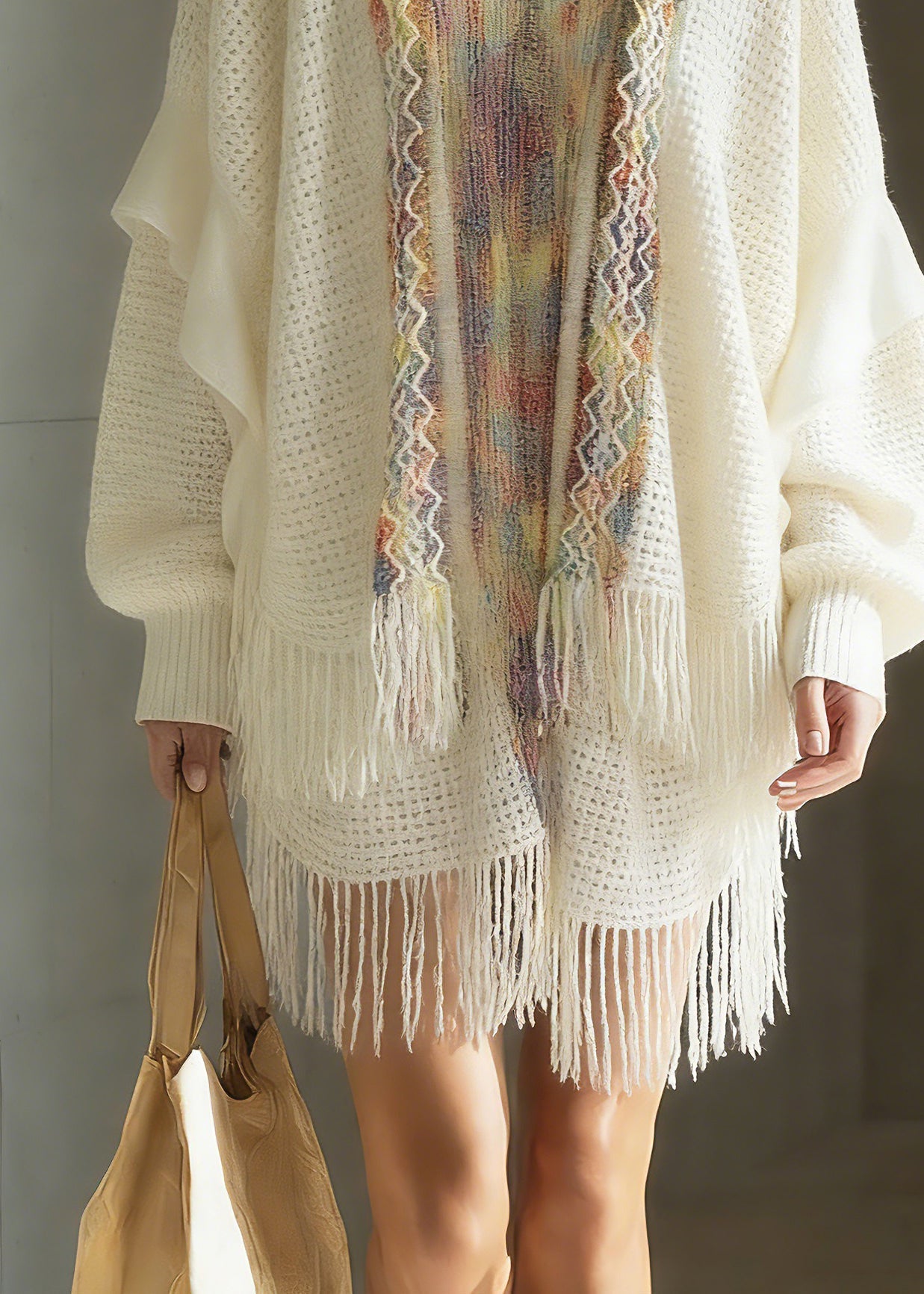 Bohemian White Print Patchwork Tassel Knit Cardigan Spring