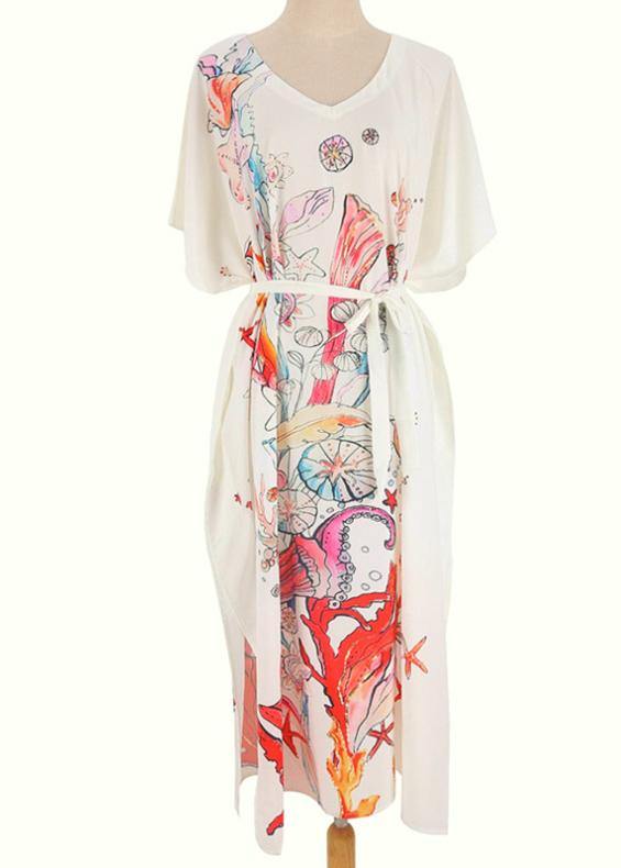 Bohemian White Print V Neck Beach long smock Vacation Summer Chiffon Dress - SooLinen