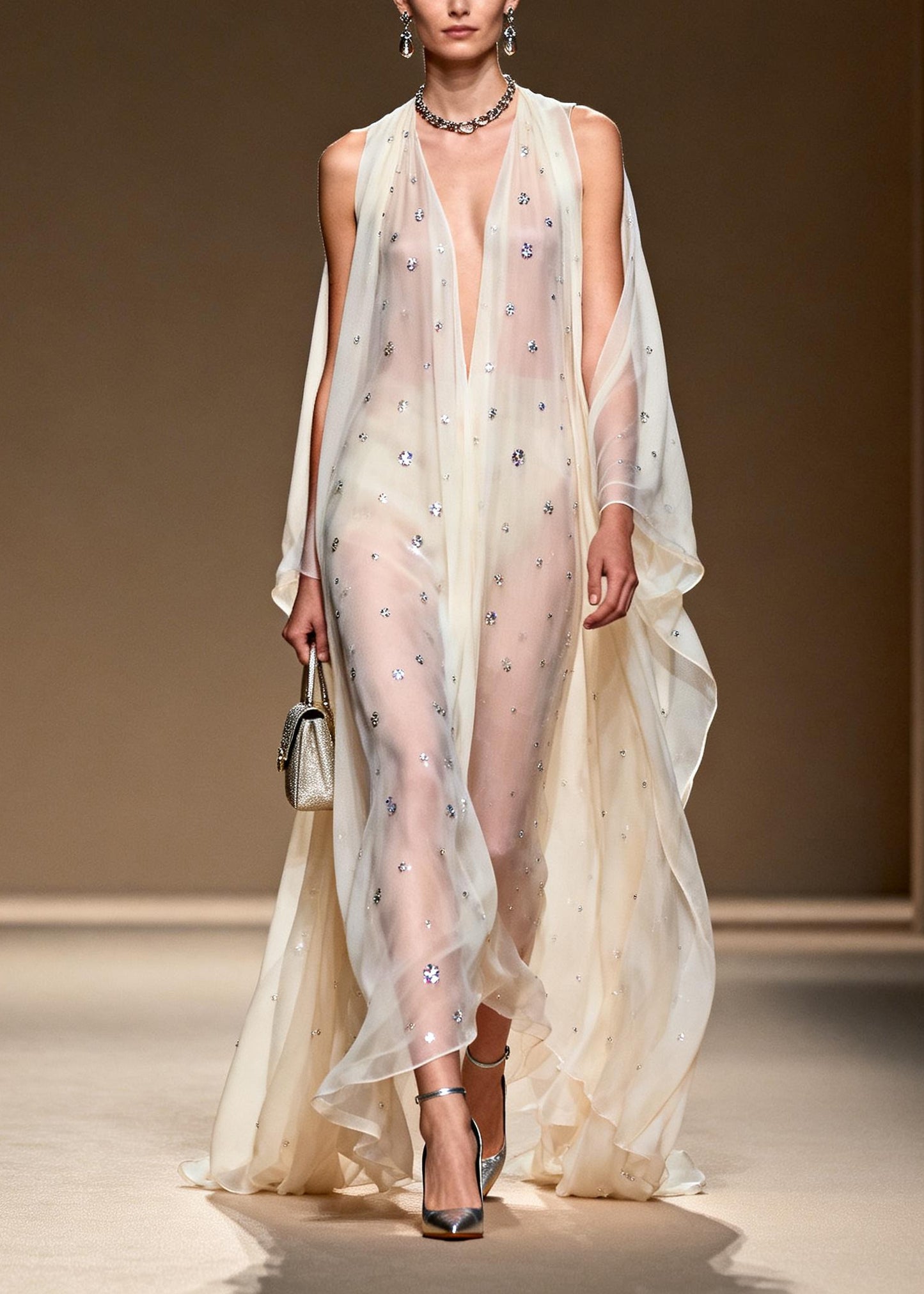 Bohemian White Rhinestone Cold Shoulder Chiffon Sheer Dress Summer