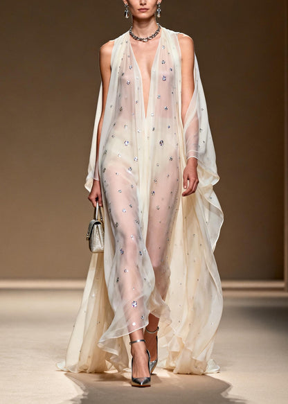 Bohemian White Rhinestone Cold Shoulder Chiffon Sheer Dress Summer