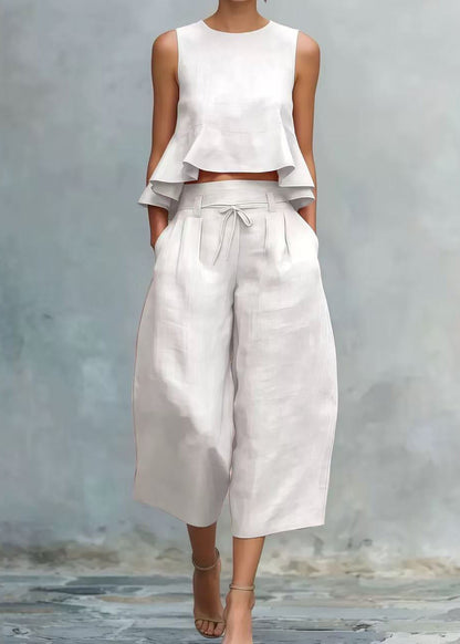 Bohemian White Ruffled Linen Two Pieces Set Sleeveless