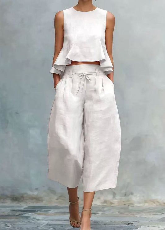 Bohemian White Ruffled Linen Two Pieces Set Sleeveless
