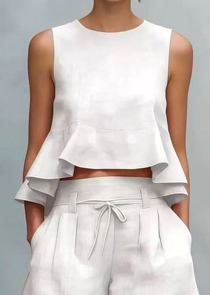 Bohemian White Ruffled Linen Two Pieces Set Sleeveless
