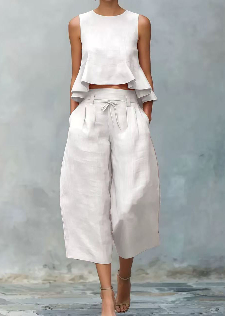 Bohemian White Ruffled Linen Two Pieces Set Sleeveless