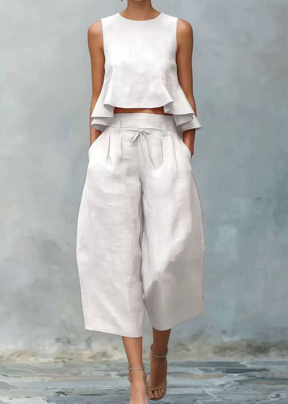 Bohemian White Ruffled Linen Two Pieces Set Sleeveless