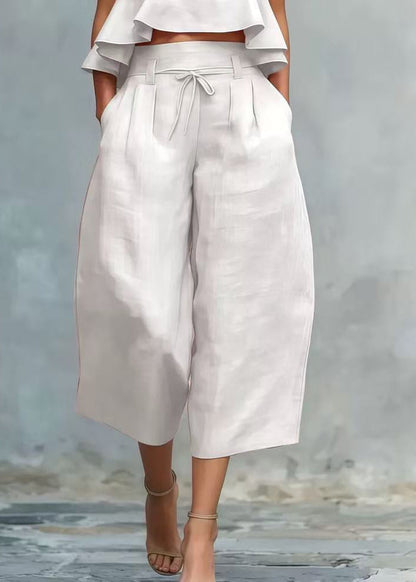 Bohemian White Ruffled Linen Two Pieces Set Sleeveless