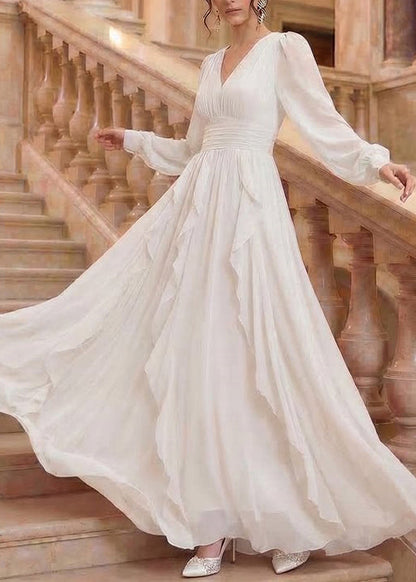 Bohemian White Ruffled Patchwork Chiffon Maxi Dress Long Sleeve