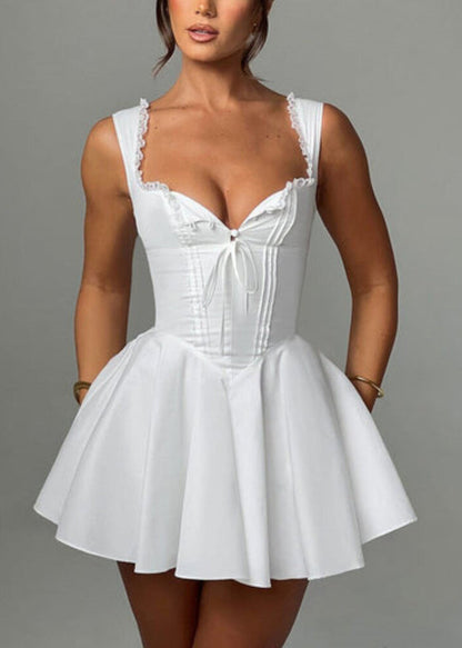 Bohemian White Ruffled Patchwork Solid Mid Spaghetti Strap Dress Summer
