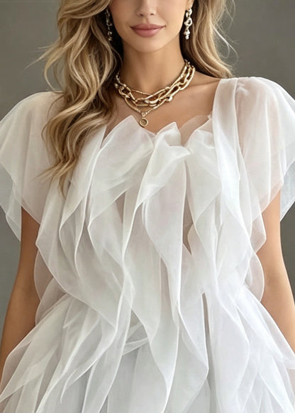 Bohemian White Ruffled Tulle Mini Dress Summer