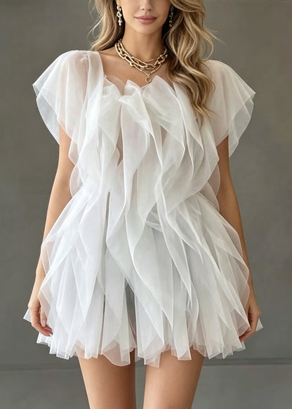 Bohemian White Ruffled Tulle Mini Dress Summer
