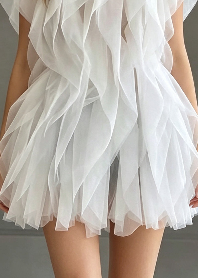 Bohemian White Ruffled Tulle Mini Dress Summer