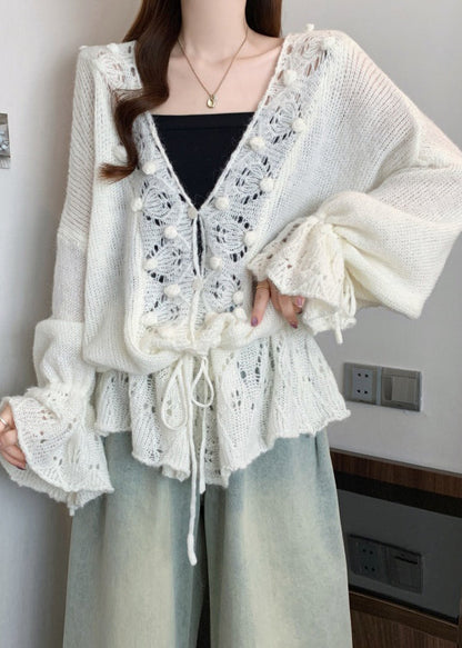 Bohemian White V Neck Hollow Out Knit Cardigans Fall