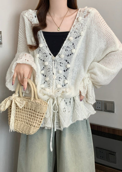 Bohemian White V Neck Hollow Out Knit Cardigans Fall