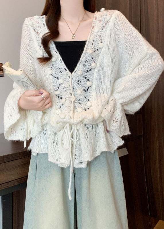 Bohemian White V Neck Hollow Out Knit Cardigans Fall