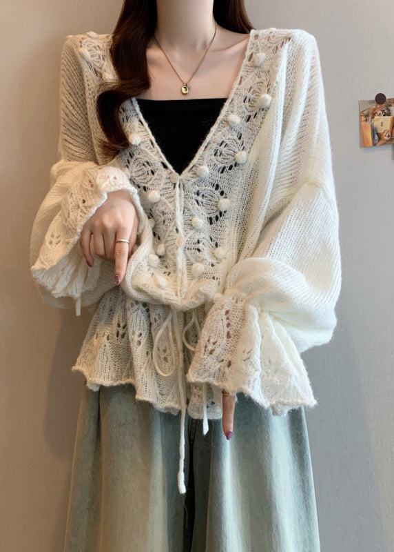 Bohemian White V Neck Hollow Out Knit Cardigans Fall